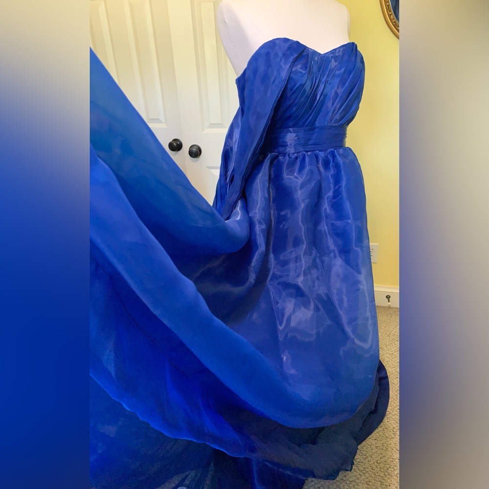 Royal Blue Iridescent Organza Wet Look Shimmer Layers Pleats Gown